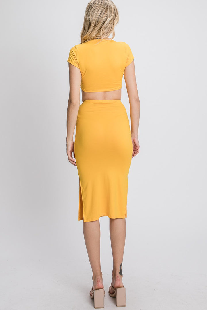 YELLOW CROP TOP & SIDE SLIT ELASTIC WAIST SKIRT KNIT SET IN2028M