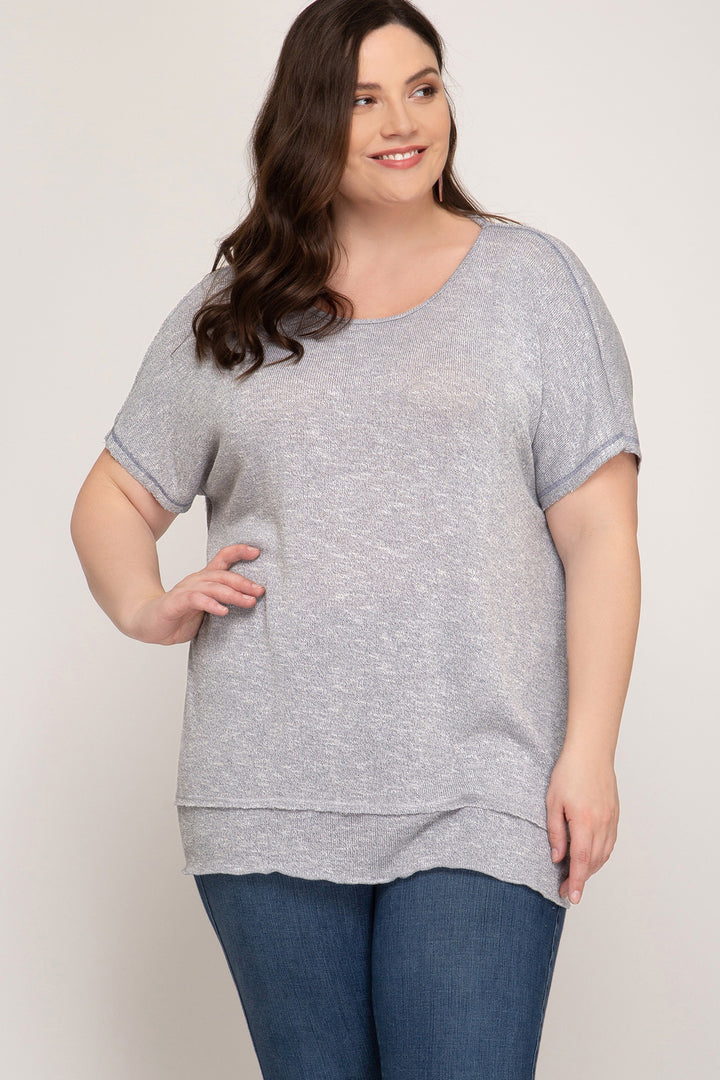 BLUE GREY SHORT SLEEVE TWISTED OPEN BACK PLUS SIZE KNIT TOP S5PSL9337