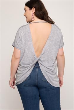 BLUE GREY SHORT SLEEVE TWISTED OPEN BACK PLUS SIZE KNIT TOP S5PSL9337