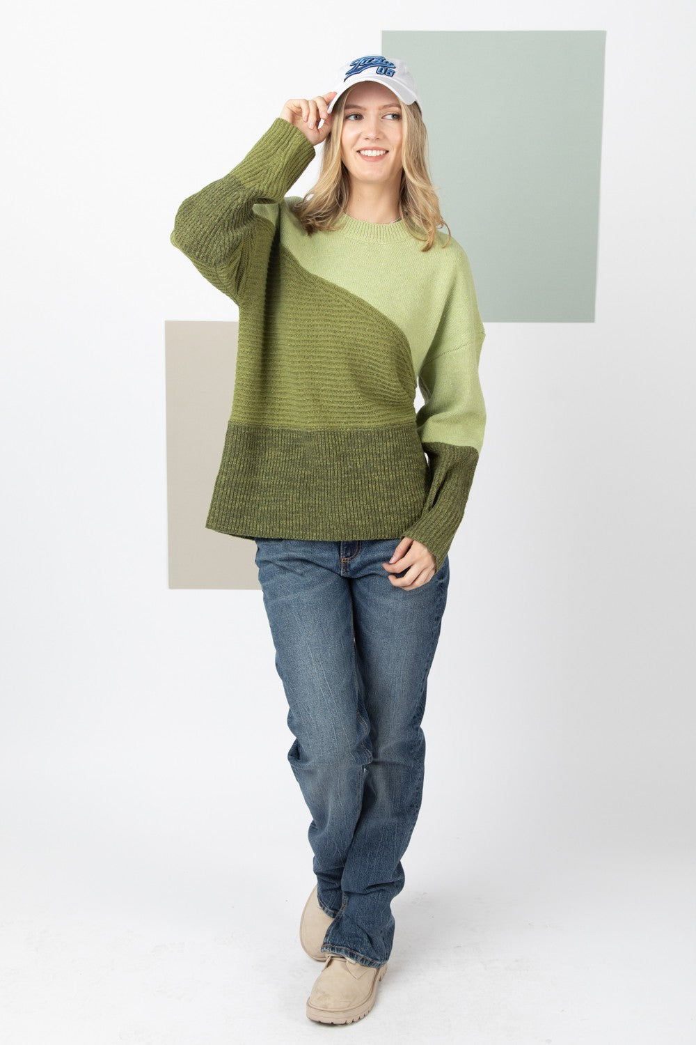 SAGE COLOR BLOCK DROP SHOULDER KNIT SWEATER 12W2950L