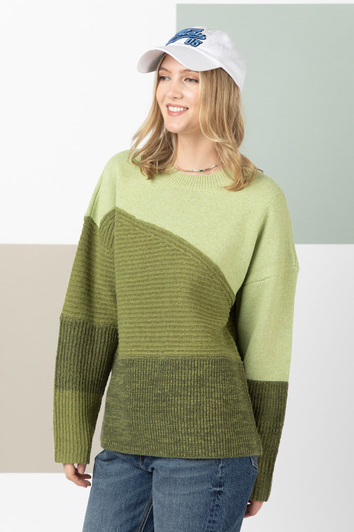 SAGE COLOR BLOCK DROP SHOULDER KNIT SWEATER 12W2950L