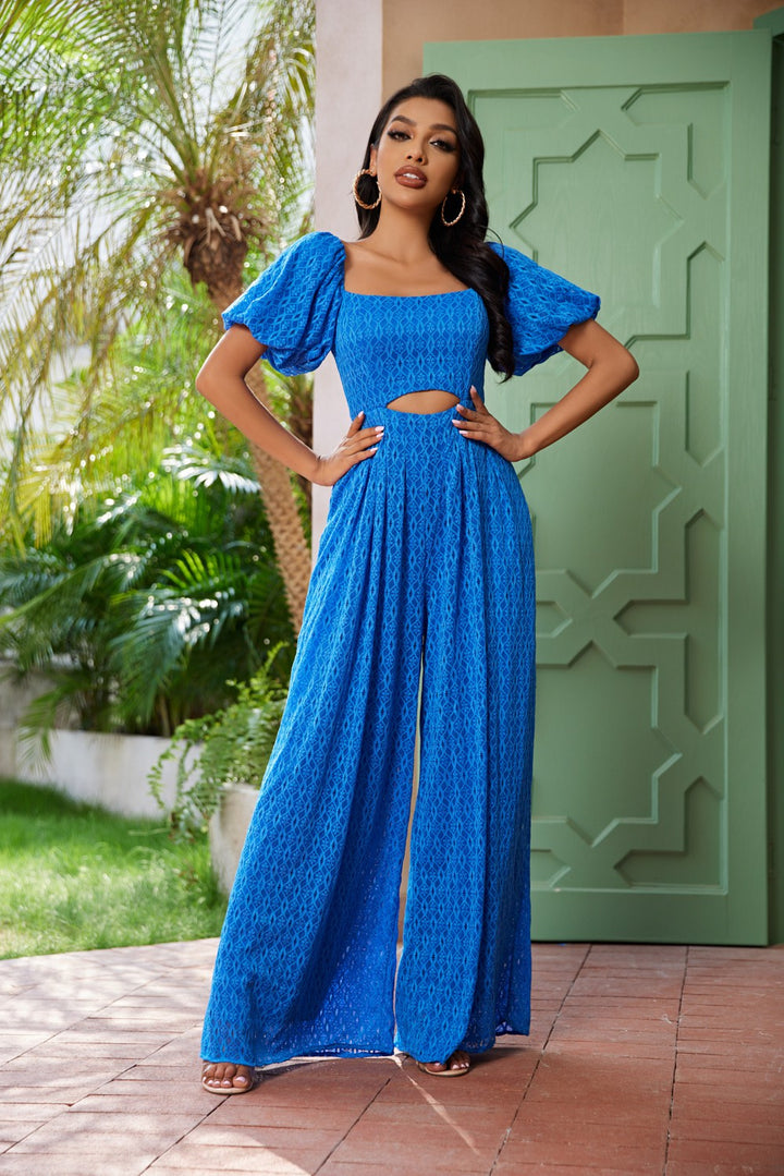 BLUE PUFF SHORT SLEEVES CUT-OUT WAIST OPEN BACK WIDE LEG JUMPSUIT CJ33197