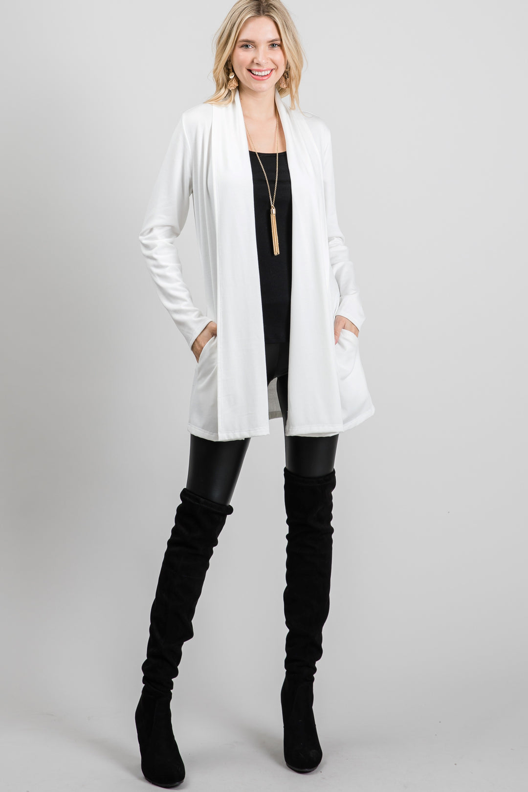 WITE FRENCH TERRY OPEN NECK LONG SLEEVES KNIT LONG CARDIGAN SO3420T