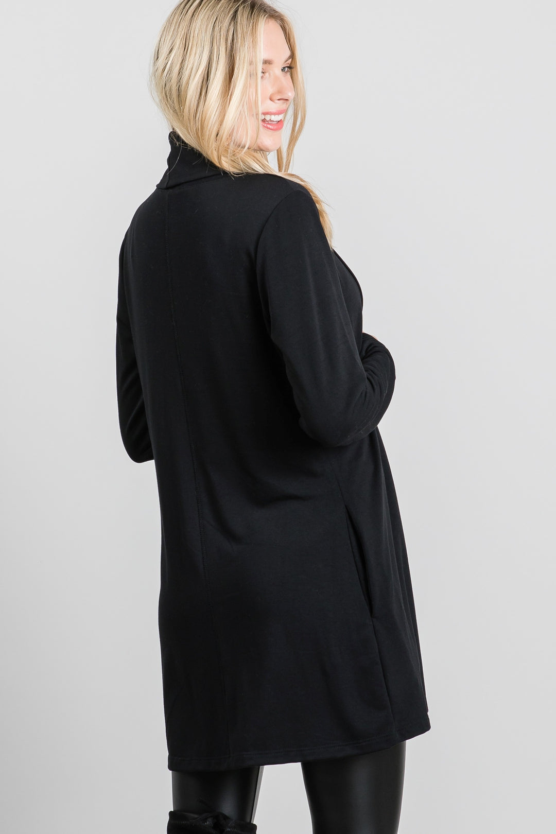 BLACK FRENCH TERRY OPEN NECK LONG SLEEVES KNIT LONG CARDIGAN SO3420T