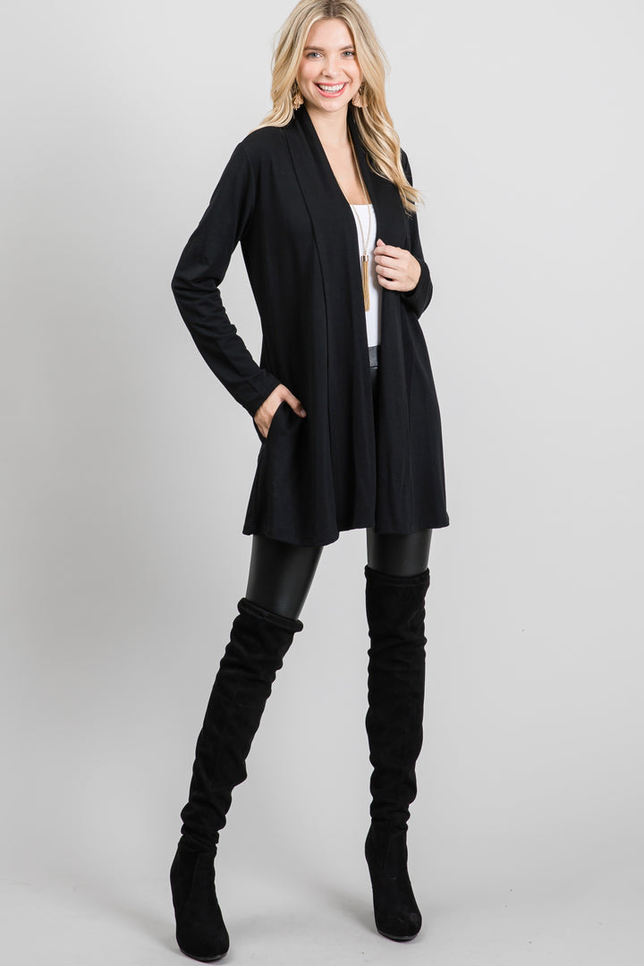 BLACK FRENCH TERRY OPEN NECK LONG SLEEVES KNIT LONG CARDIGAN SO3420T