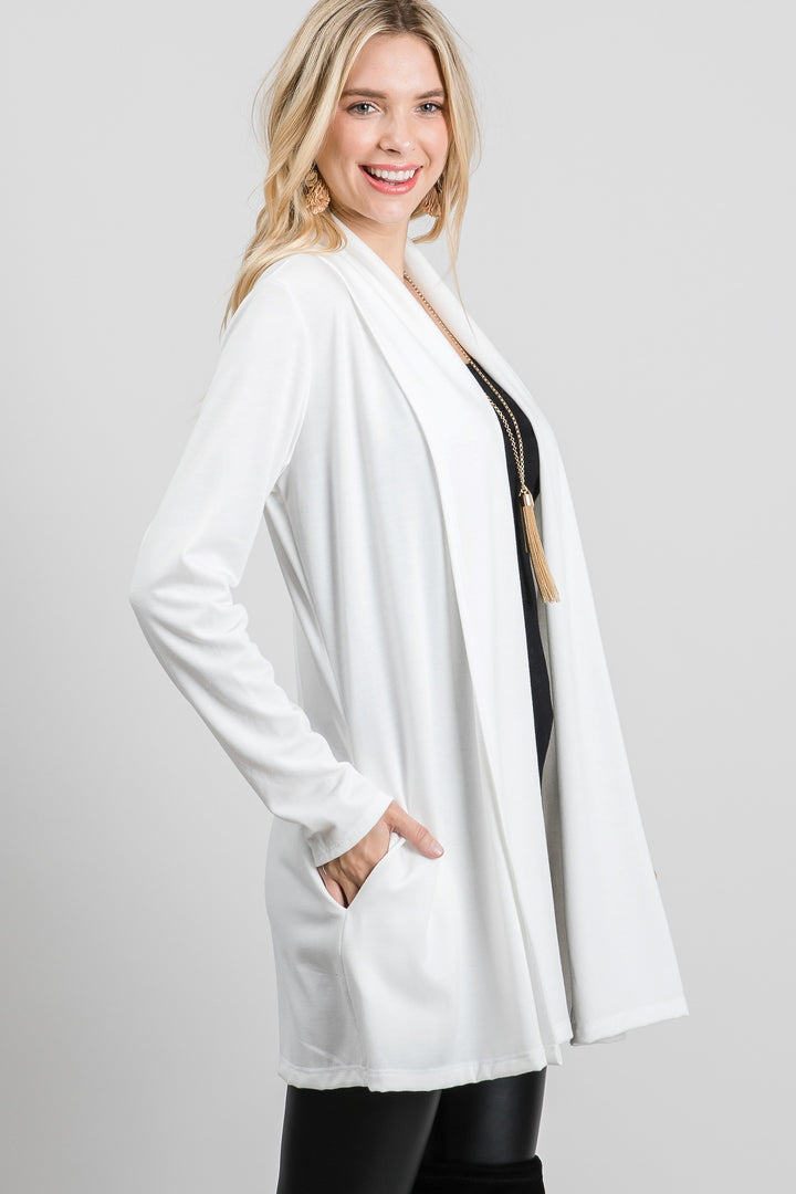 WITE FRENCH TERRY OPEN NECK LONG SLEEVES KNIT LONG CARDIGAN SO3420T