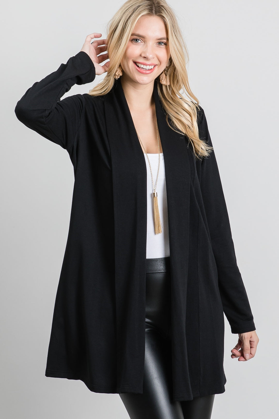 BLACK FRENCH TERRY OPEN NECK LONG SLEEVES KNIT LONG CARDIGAN SO3420T