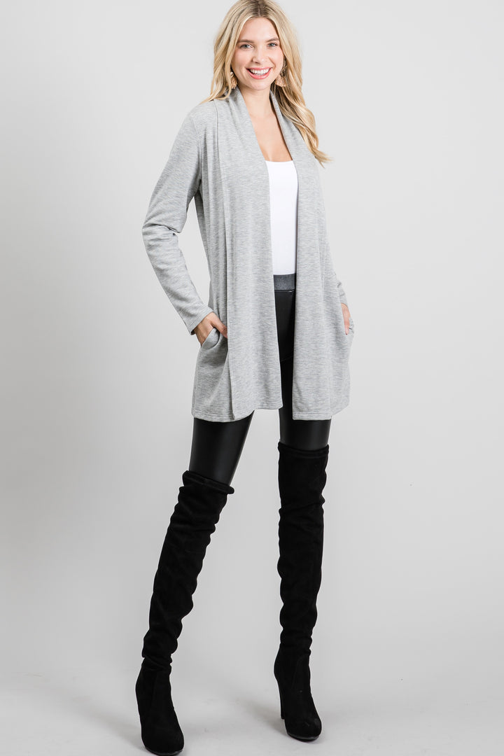 GREY FRENCH TERRY OPEN NECK LONG SLEEVES KNIT LONG CARDIGAN SO3420T