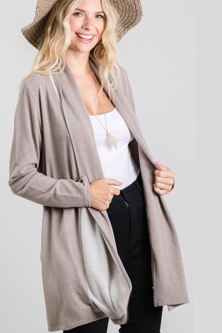 MOCHA FRENCH TERRY OPEN NECK LONG SLEEVES KNIT LONG CARDIGAN SO3420T