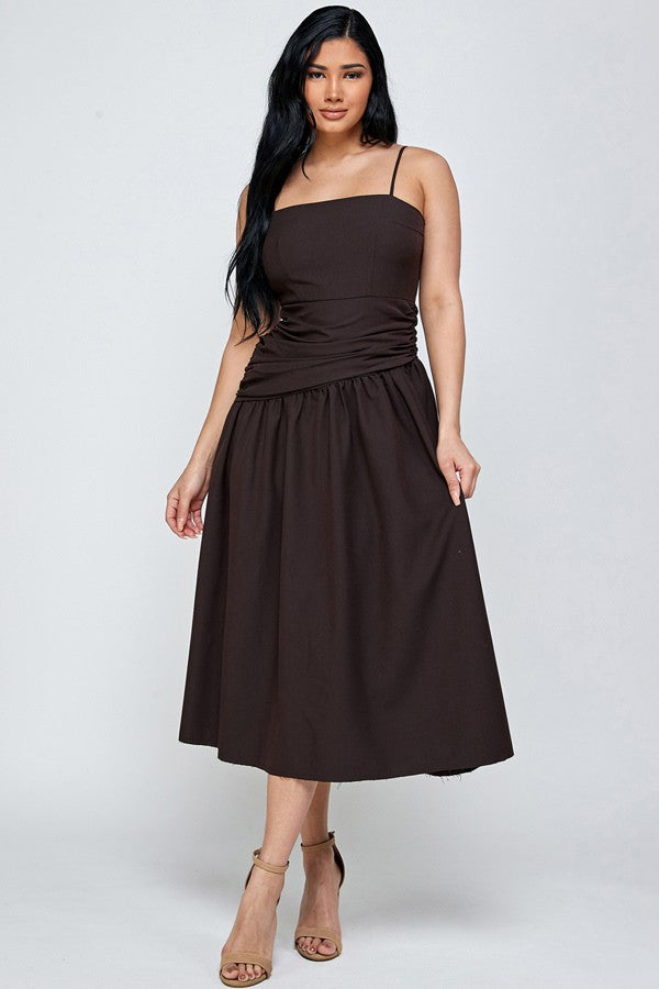 TAN RUCHED SPAGHETTI STRAP A-LINE SWING MIDI DRESS ARD736