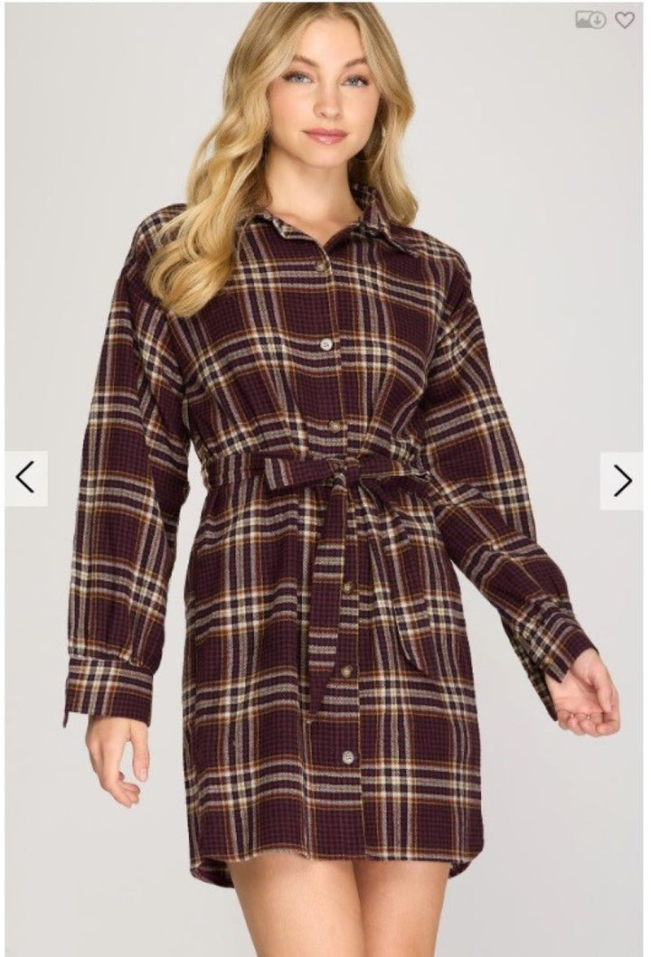 PLUM PLAID LONG SLEEVES WAIST-TIE SHIRT MINI DRESS SS8447