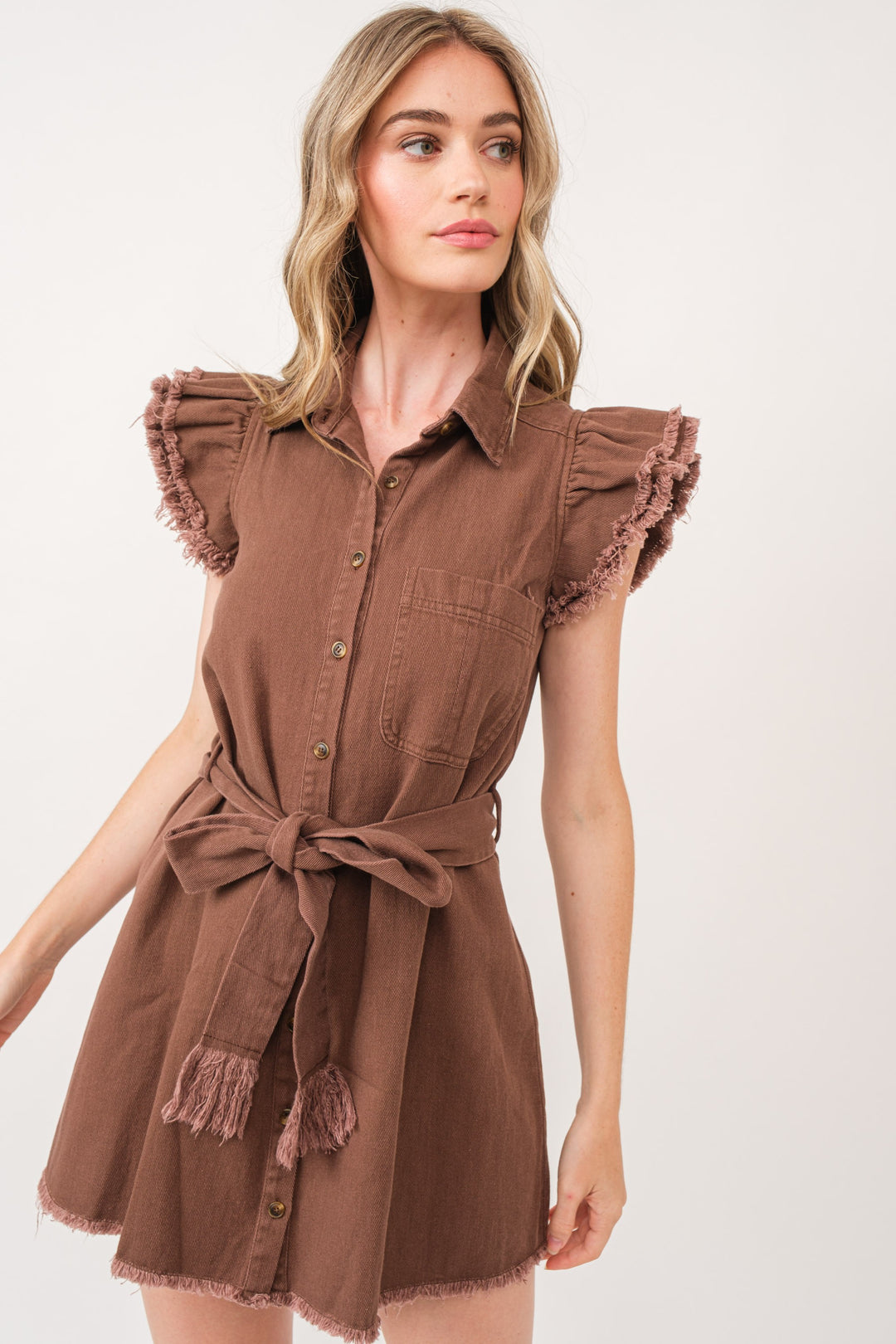 BROWN COLLARED BUTTON DOWN SELF-TIE BELT MINI DRESS IBD9654-1