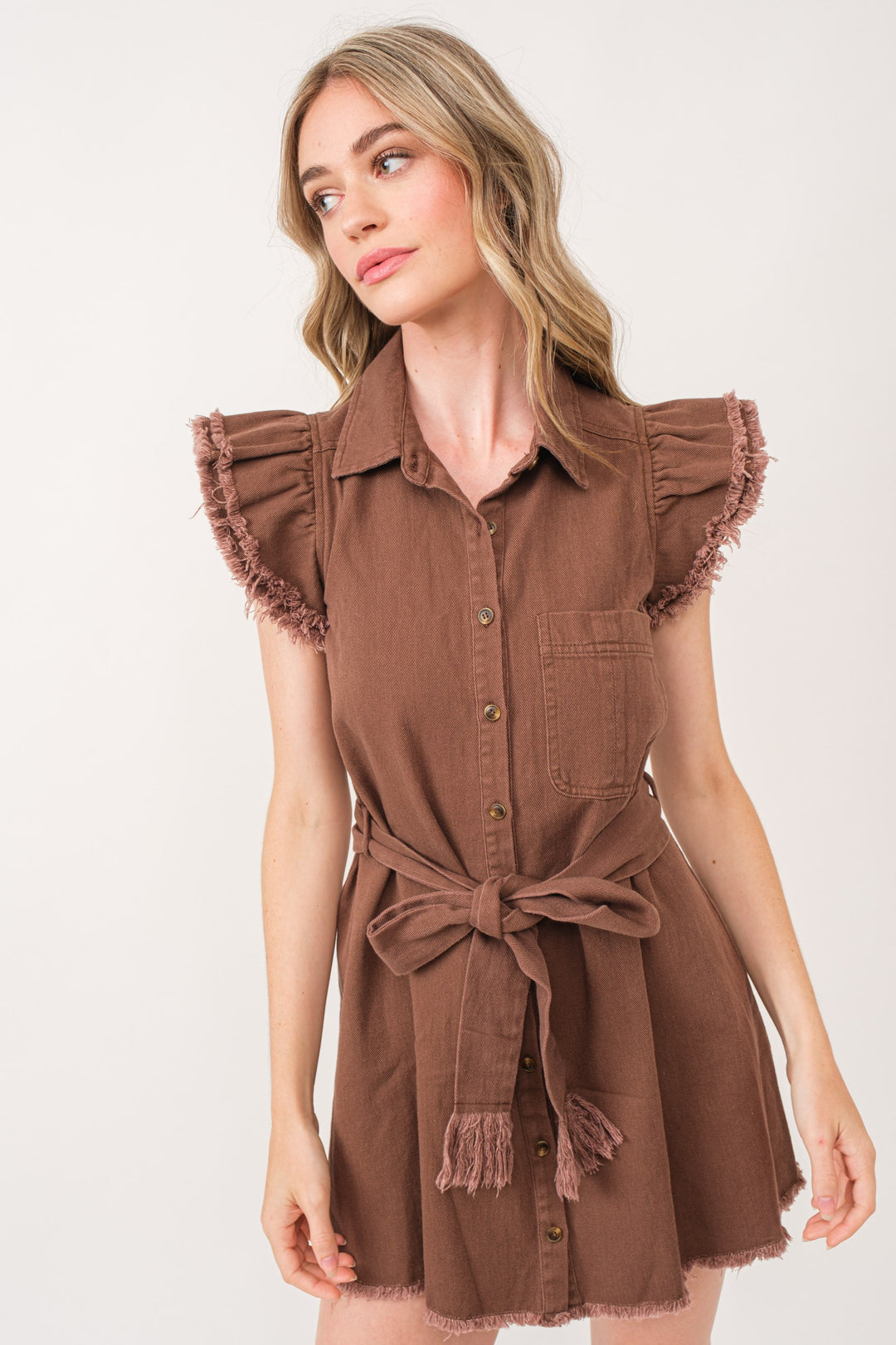 BROWN COLLARED BUTTON DOWN SELF-TIE BELT MINI DRESS IBD9654-1