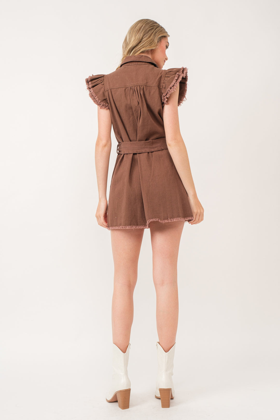 BROWN COLLARED BUTTON DOWN SELF-TIE BELT MINI DRESS IBD9654-1