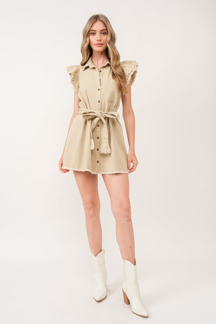 IVORY COLLARED BUTTON DOWN SELF-TIE BELT MINI DRESS IBD9654-1