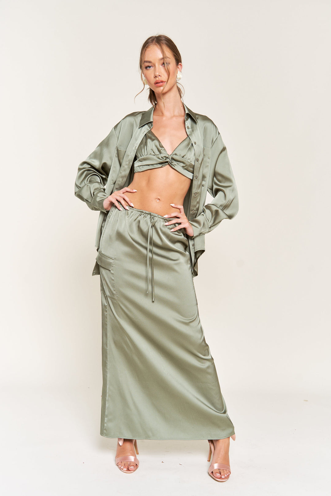 SAGE GREEN COLLARED BLOUSE AND CROP TOP ST10019