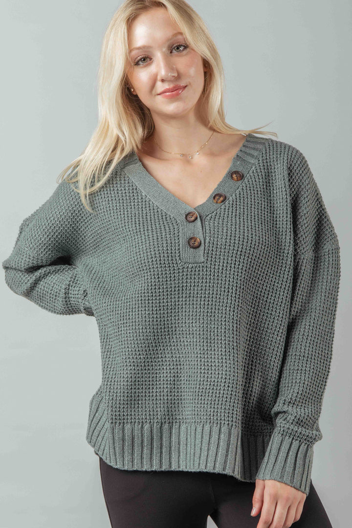 GREY V-NECK BUTTON-UP COMFY WAFFLE KNIT SWEATER 12W2739N