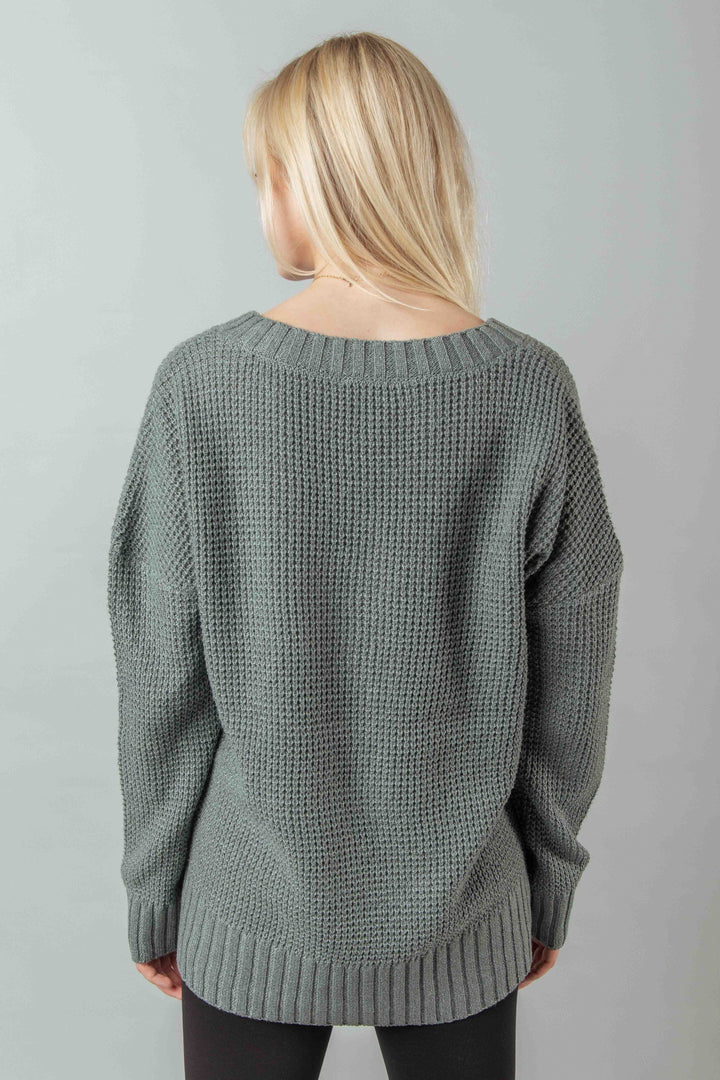 GREY V-NECK BUTTON-UP COMFY WAFFLE KNIT SWEATER 12W2739N