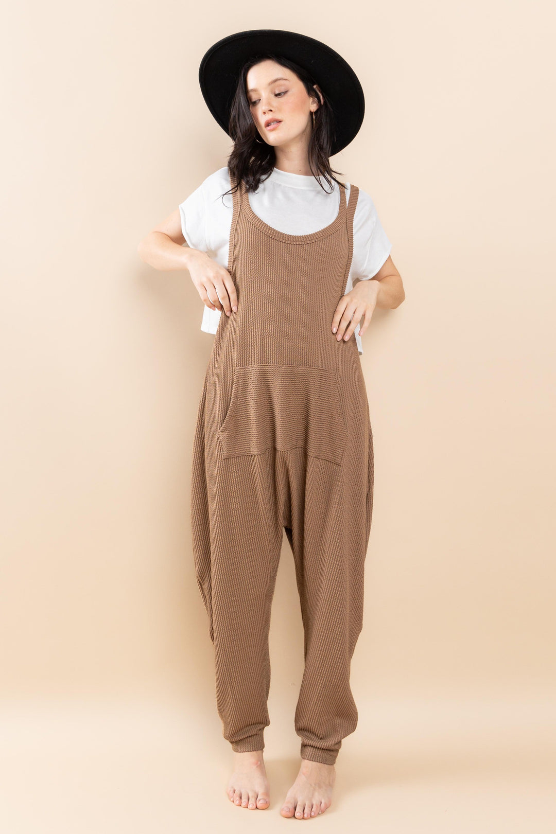 MOCHA TEXTURED W/KANGAROO POCKET HAREM KNIT JUMPSUIT CFBC61527SA