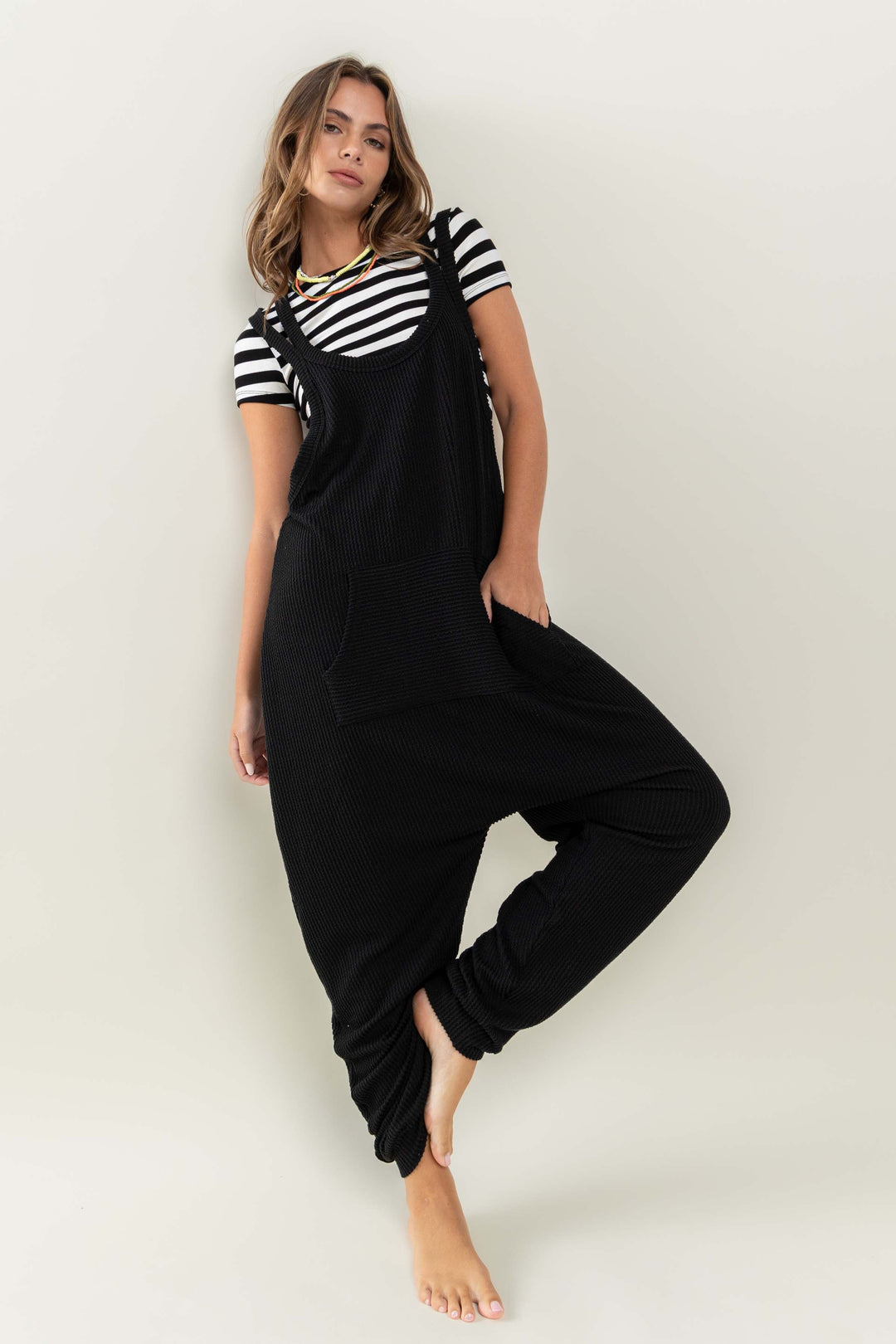 BLACK TEXTURED W/KANGAROO POCKET HAREM KNIT JUMPSUIT CFBC61527SA