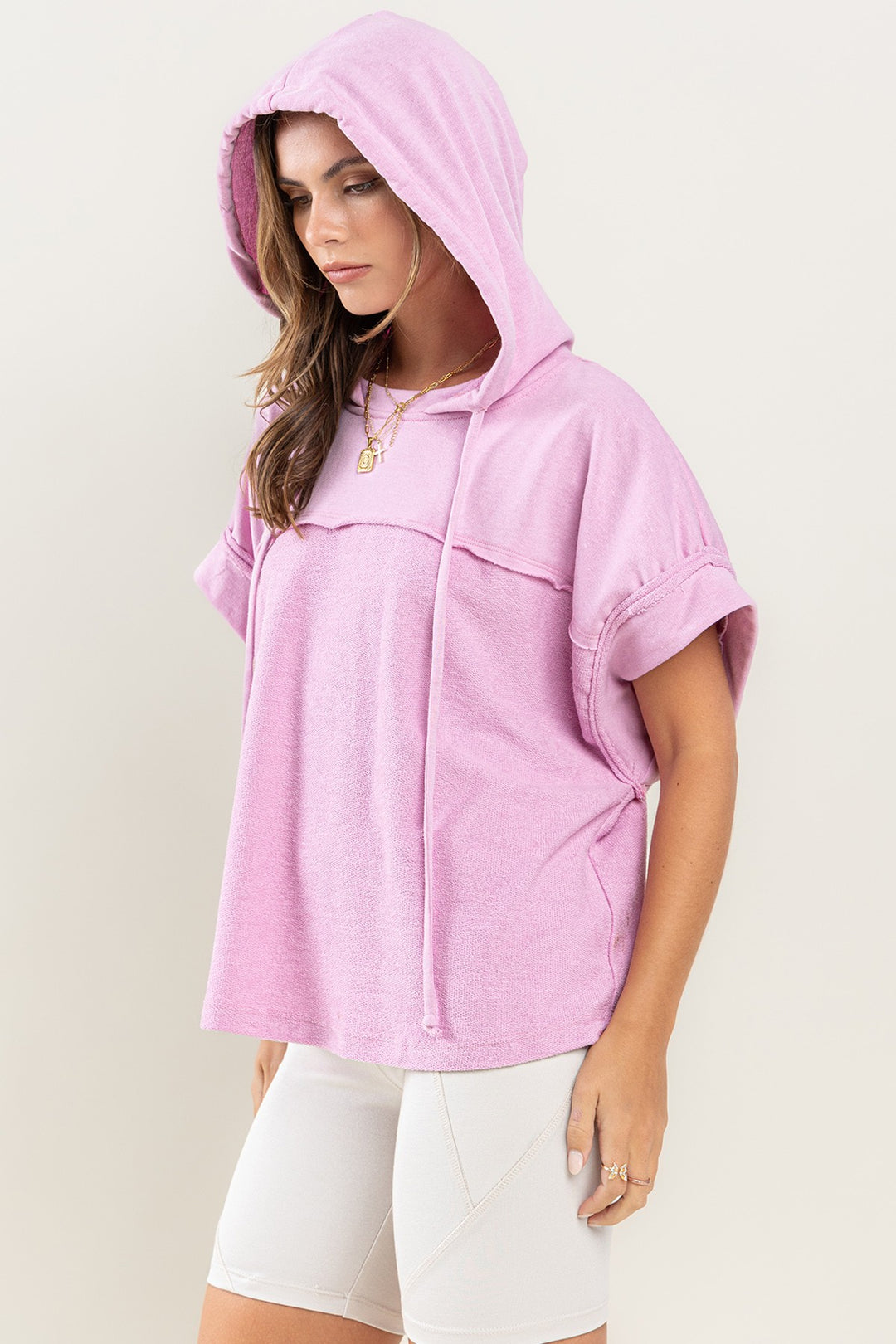 PINK CONTRAST RAW EDGE DETAILED HOODIE SWEATER CFTO13712SA