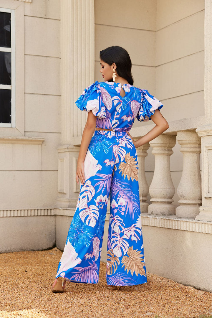 BLUE FLORAL BALLOON SHORT SLEEVES CROP TOP AND WIDE FLARE LEG PANTS SET CS33230