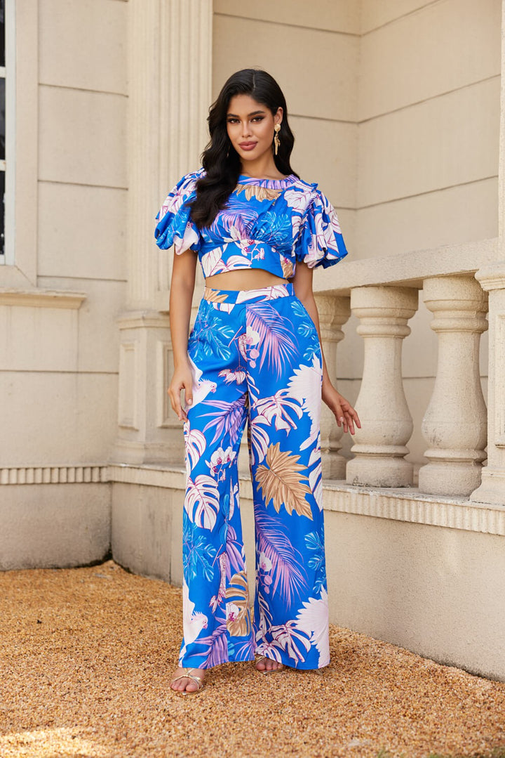 BLUE FLORAL BALLOON SHORT SLEEVES CROP TOP AND WIDE FLARE LEG PANTS SET CS33230