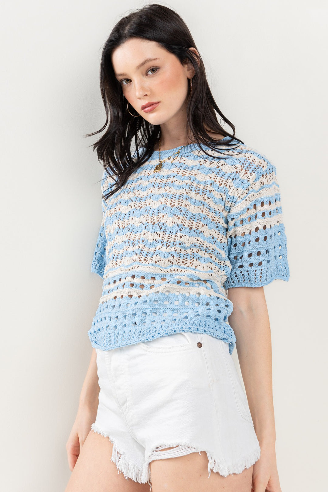 IVORY BLUE EYELET SHORT SLEEVES KNITTING SWEATER CFTIU13578