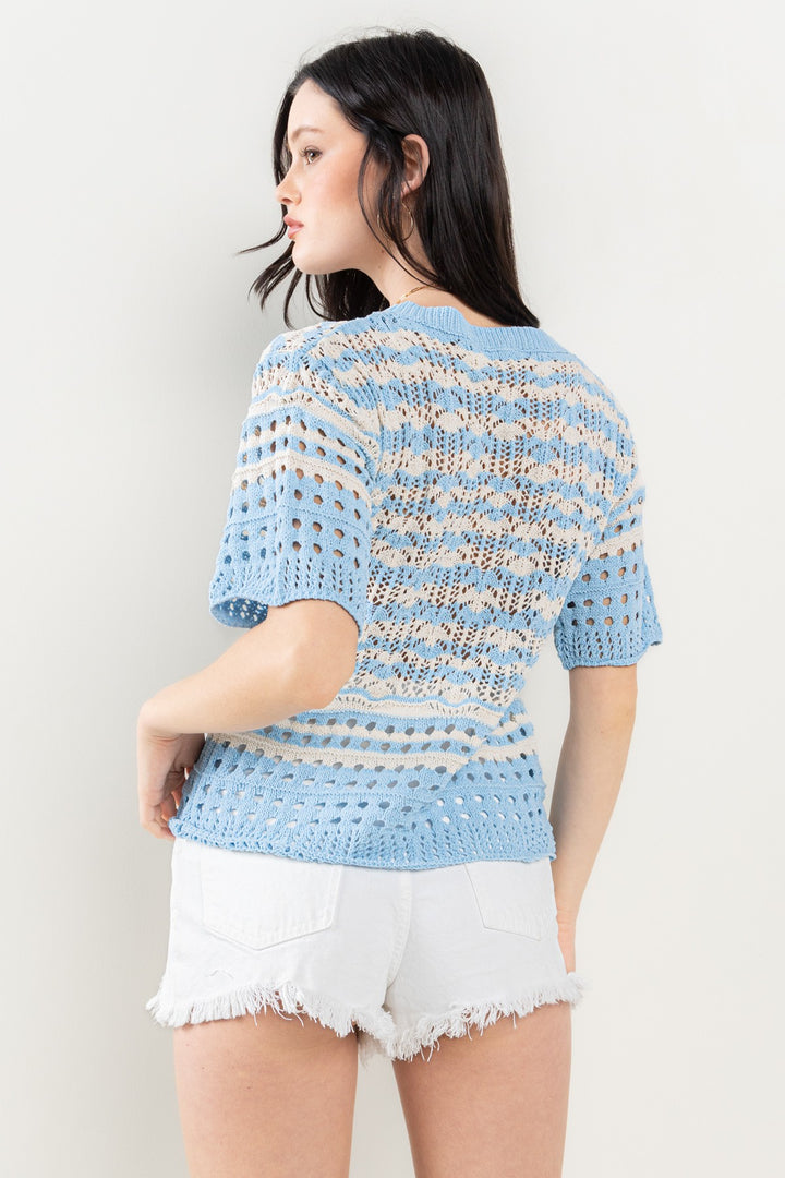 IVORY BLUE EYELET SHORT SLEEVES KNITTING SWEATER CFTIU13578