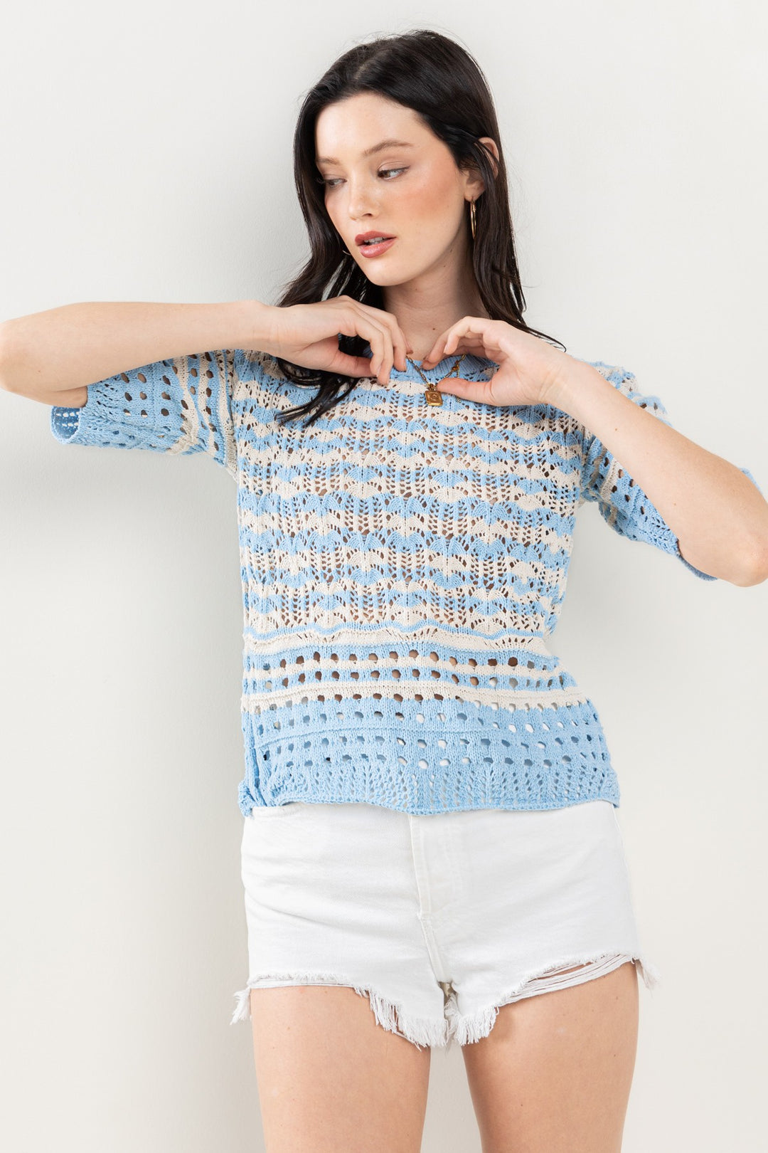 IVORY BLUE EYELET SHORT SLEEVES KNITTING SWEATER CFTIU13578