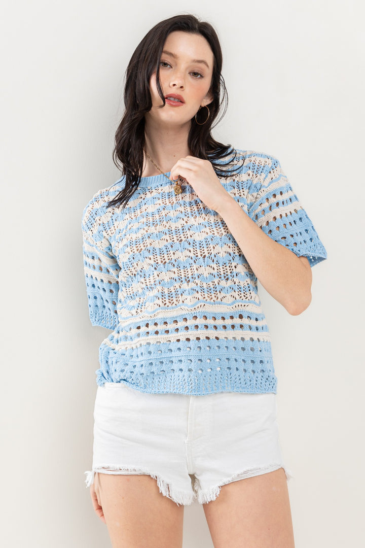 IVORY BLUE EYELET SHORT SLEEVES KNITTING SWEATER CFTIU13578