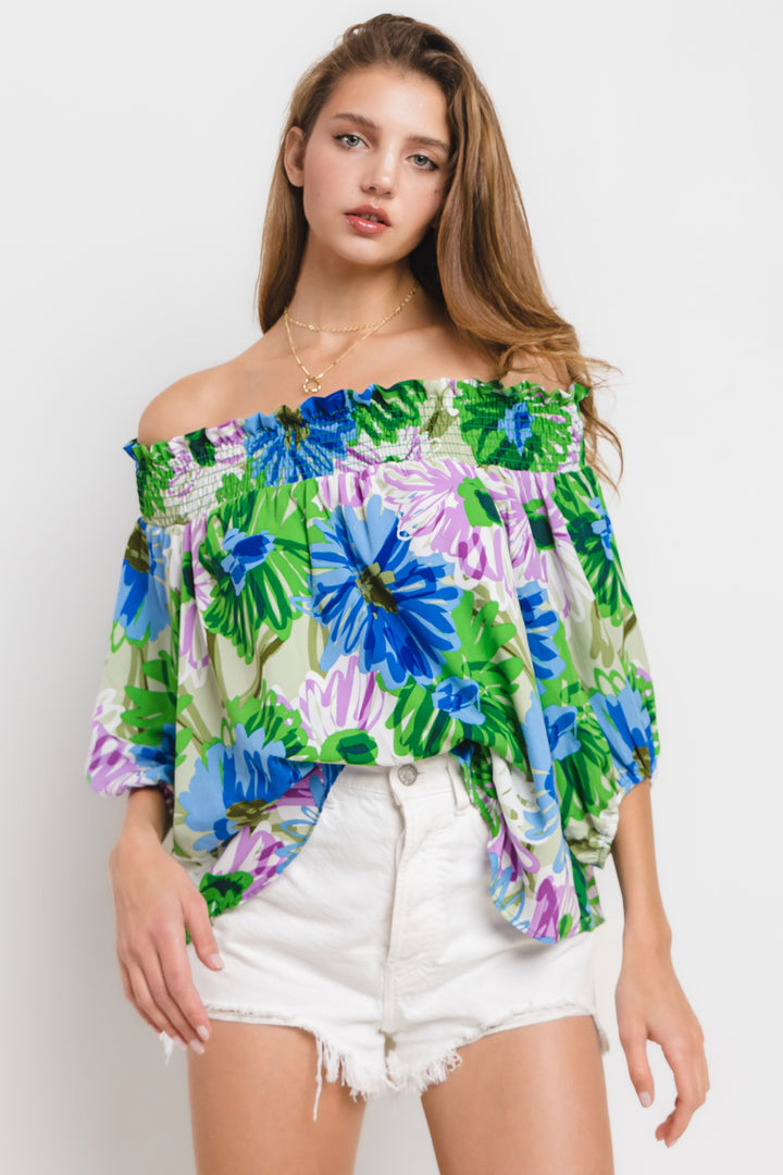 SAGE MULTI FLORAL PRINT SMOCKING ELASTIC OFF-SHOULDER WOVEN TOP CFTIU13624