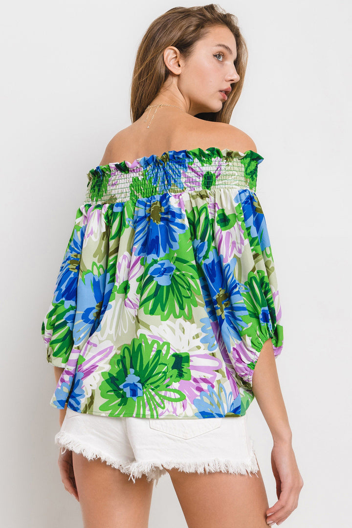 SAGE MULTI FLORAL PRINT SMOCKING ELASTIC OFF-SHOULDER WOVEN TOP CFTIU13624