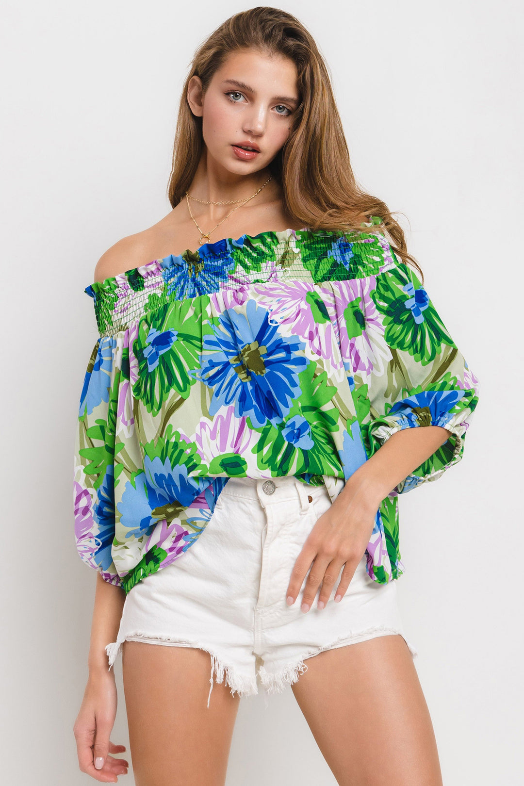 SAGE MULTI FLORAL PRINT SMOCKING ELASTIC OFF-SHOULDER WOVEN TOP CFTIU13624