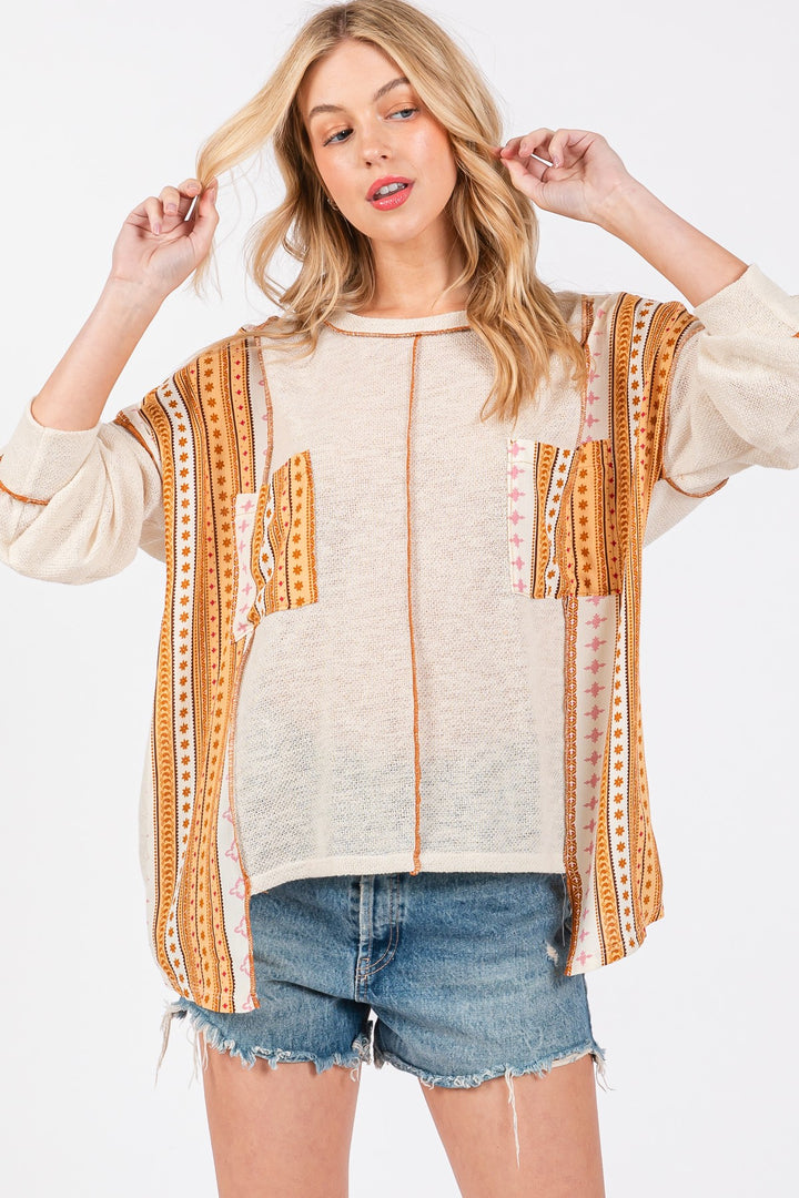 IVORY ROUND NECK BOHO CONTRAST SWEATER CFTEU13761PA