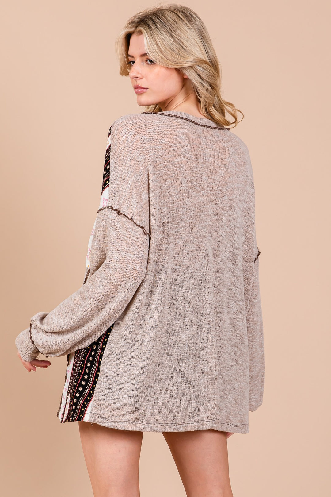 TAUPE ROUND NECK BOHO CONTRAST SWEATER CFTEU13761PA