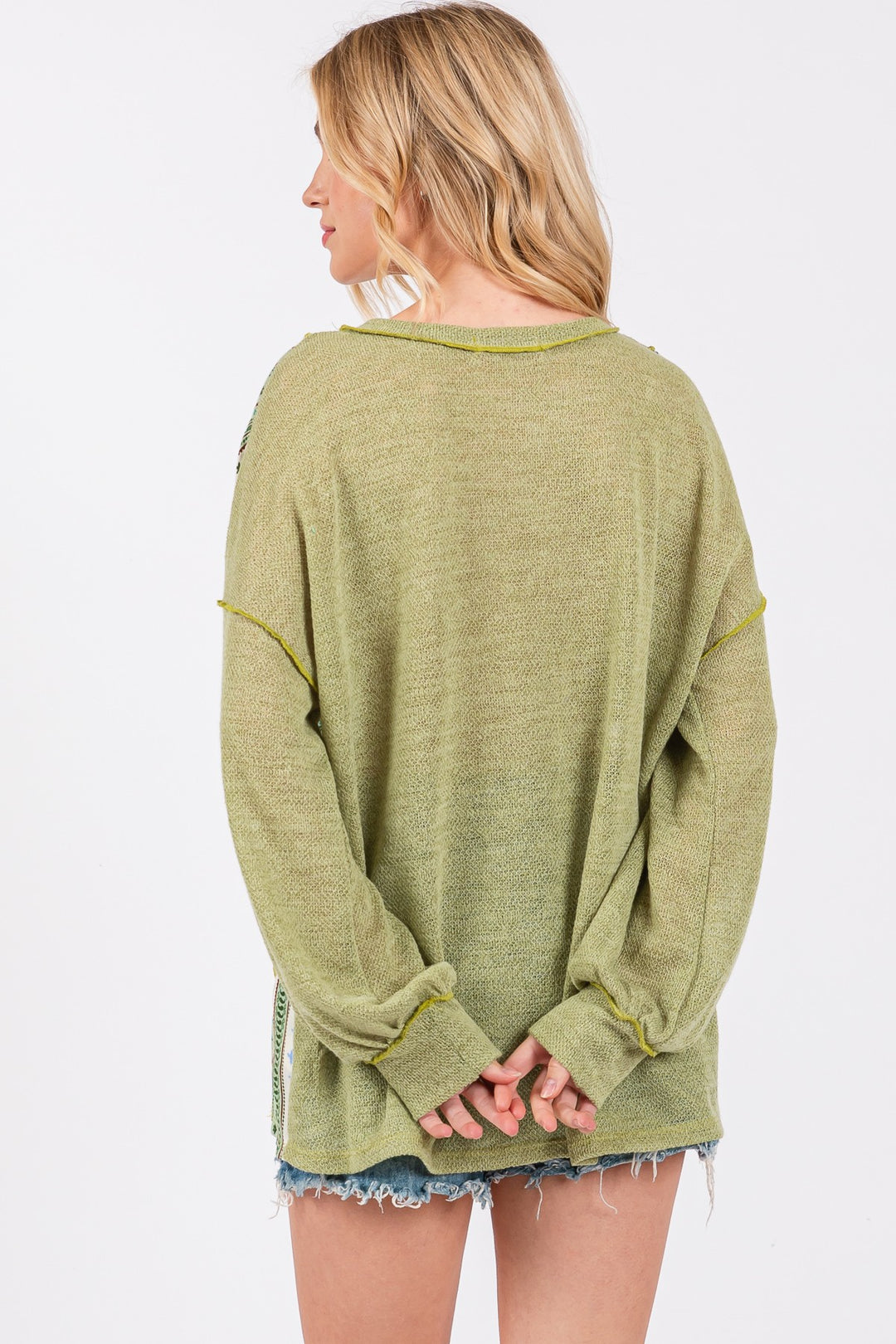 LT. OLIVE ROUND NECK BOHO CONTRAST SWEATER CFTEU13761PA