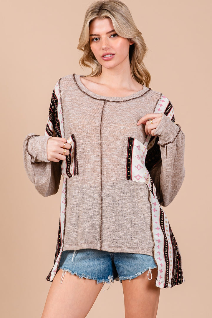 TAUPE ROUND NECK BOHO CONTRAST SWEATER CFTEU13761PA