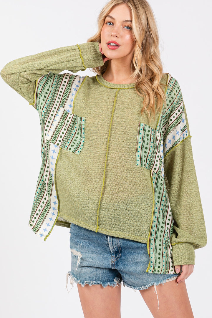 LT. OLIVE ROUND NECK BOHO CONTRAST SWEATER CFTEU13761PA