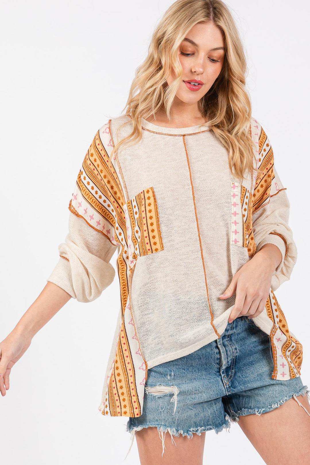 IVORY ROUND NECK BOHO CONTRAST SWEATER CFTEU13761PA