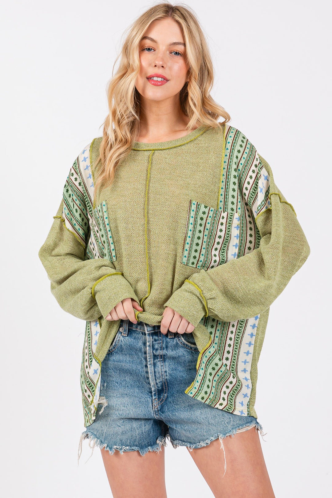 LT. OLIVE ROUND NECK BOHO CONTRAST SWEATER CFTEU13761PA