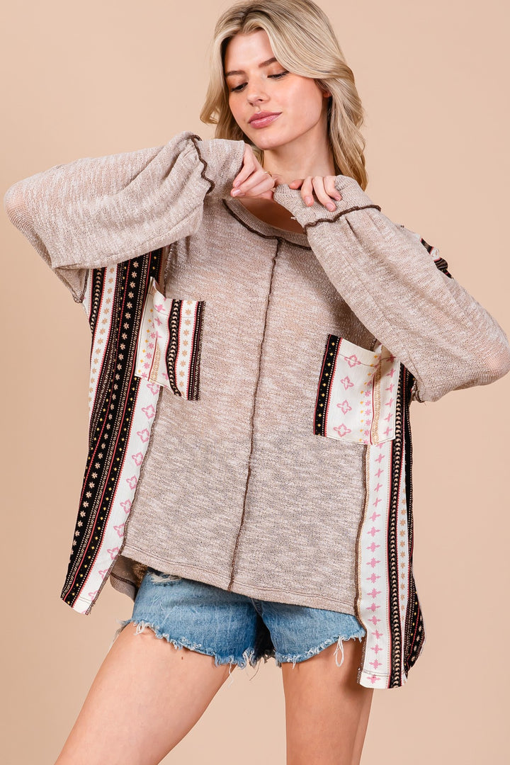 TAUPE ROUND NECK BOHO CONTRAST SWEATER CFTEU13761PA