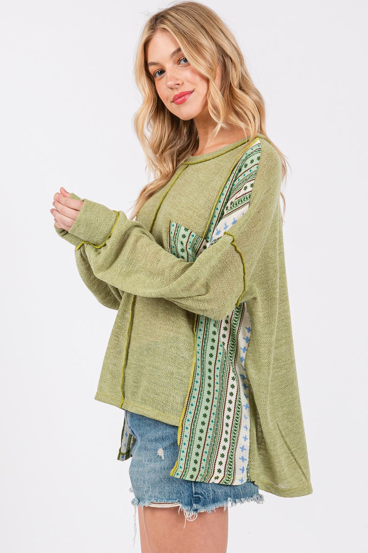 LT. OLIVE ROUND NECK BOHO CONTRAST SWEATER CFTEU13761PA