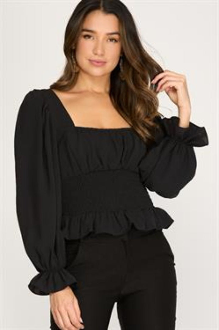 BLACK PUFF SLEEVES SMOCKED WAIST BACK DETAILED WOVEN TOP S8SS8588