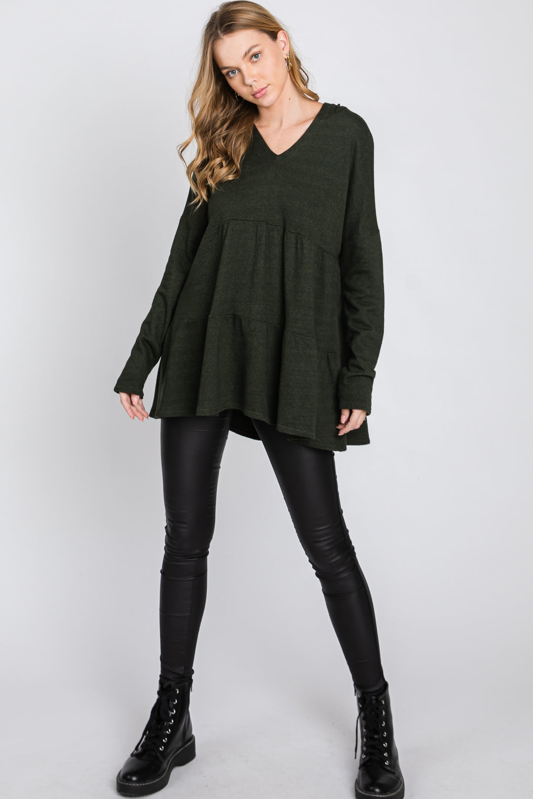 OLIVE FRECH TERRY LONG SLEEVES TIERED TUNIC HOODIE TOP SO3321T