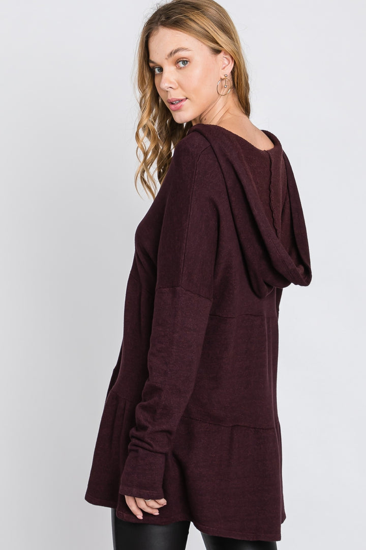 BURGUNDY FRECH TERRY LONG SLEEVES TIERED TUNIC HOODIE TOP SO3321T