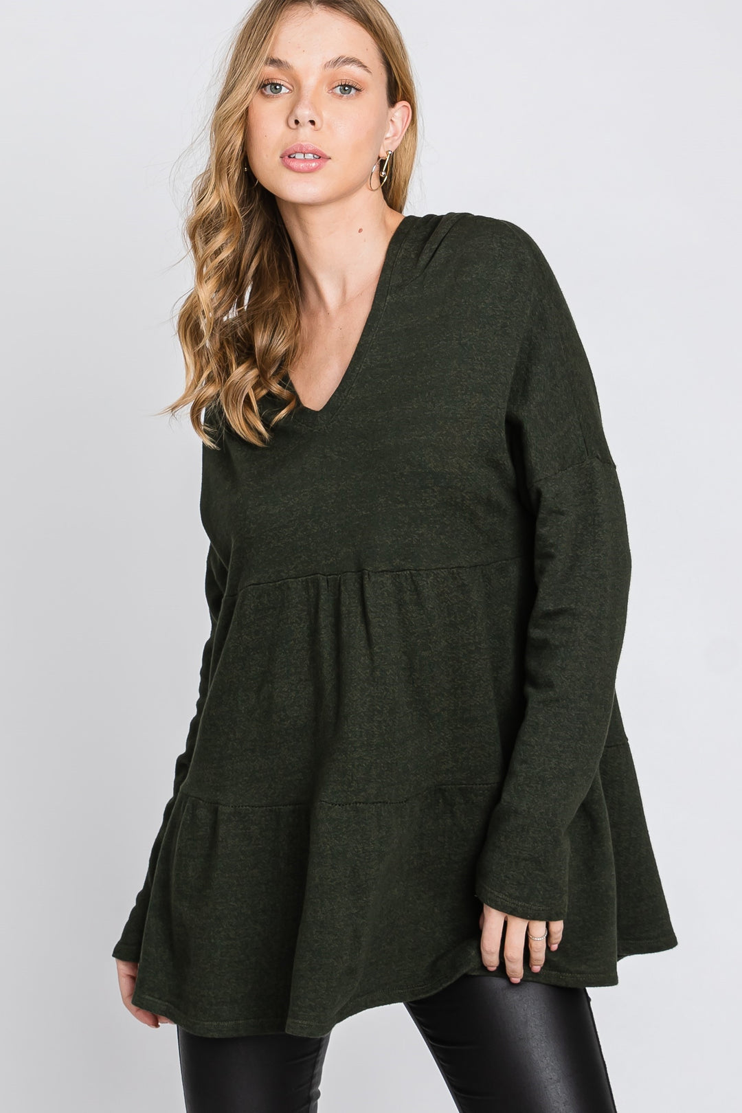 OLIVE FRECH TERRY LONG SLEEVES TIERED TUNIC HOODIE TOP SO3321T