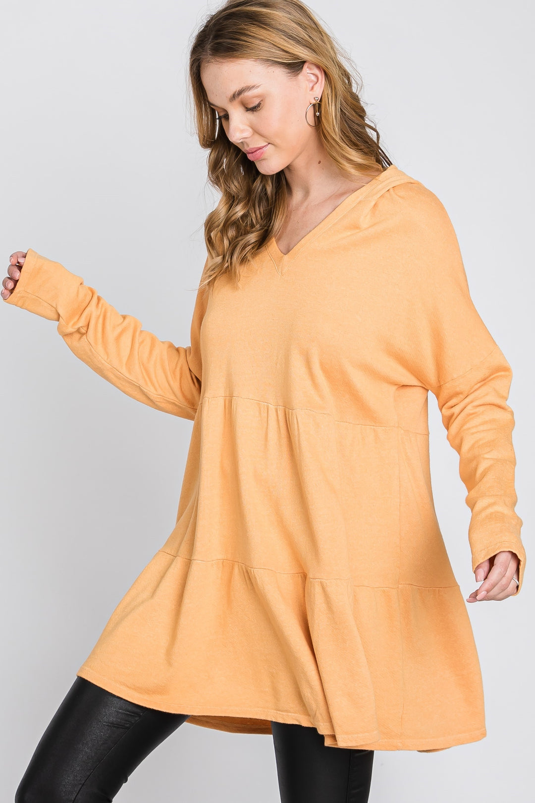 GOLD FRECH TERRY LONG SLEEVES TIERED TUNIC HOODIE TOP SO3321T