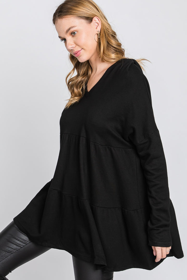 BLACK FRECH TERRY LONG SLEEVES TIERED TUNIC HOODIE TOP SO3321T