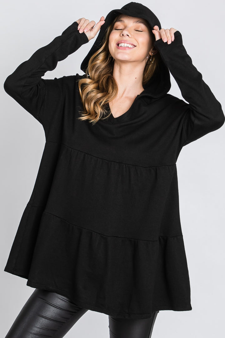 BLACK FRECH TERRY LONG SLEEVES TIERED TUNIC HOODIE TOP SO3321T